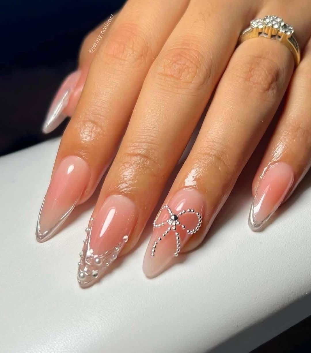 Crystal bow nails with silver chrome accents — Le Salon Doré